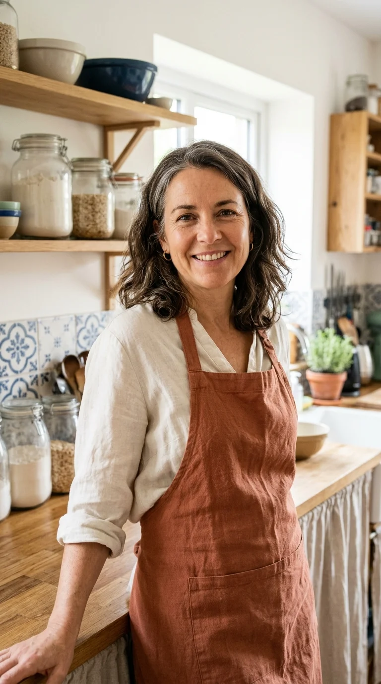 Claudia en su cocina, con delantal y preparaciones caseras