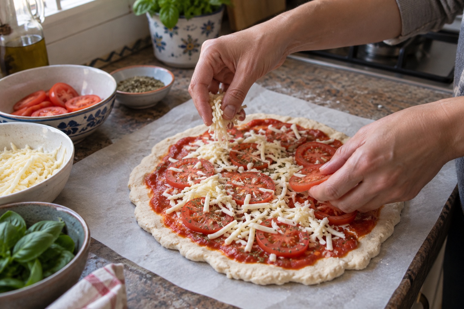 Imagen ilustrativa de manos preparando una pizza sin gluten