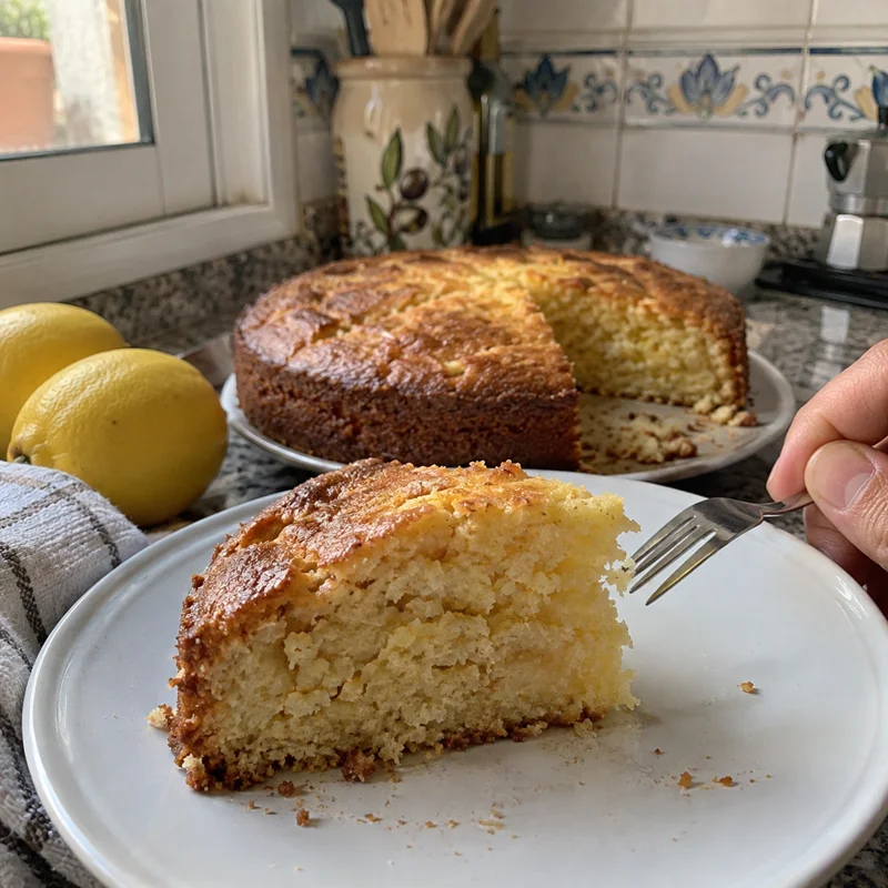 Bizcocho casero sin gluten con una porción servida